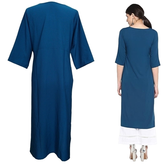 Janasya NWT Indian Turquoise Blue Gold Floral Poly Crepe Kurta Tunic Boho Exotic - Picture 2 of 10